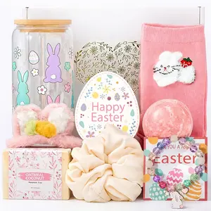 LUICONMO Easter Gifts for Teen Girls Women, Easter Baskets Stuffers for Teens Adults, Self Care Spa Gift Basket Spring Gifts Set Box with Bunny Theme Glass