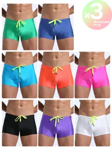 2/3/4 Pcs Random Color Men's Solid Square Swim Trunks, Quick‑dry Racing Style, Adjustable Drawstring, Elastic Butt‑lifting Shaping, For Diving, Swimming, Water Sports & Fitness