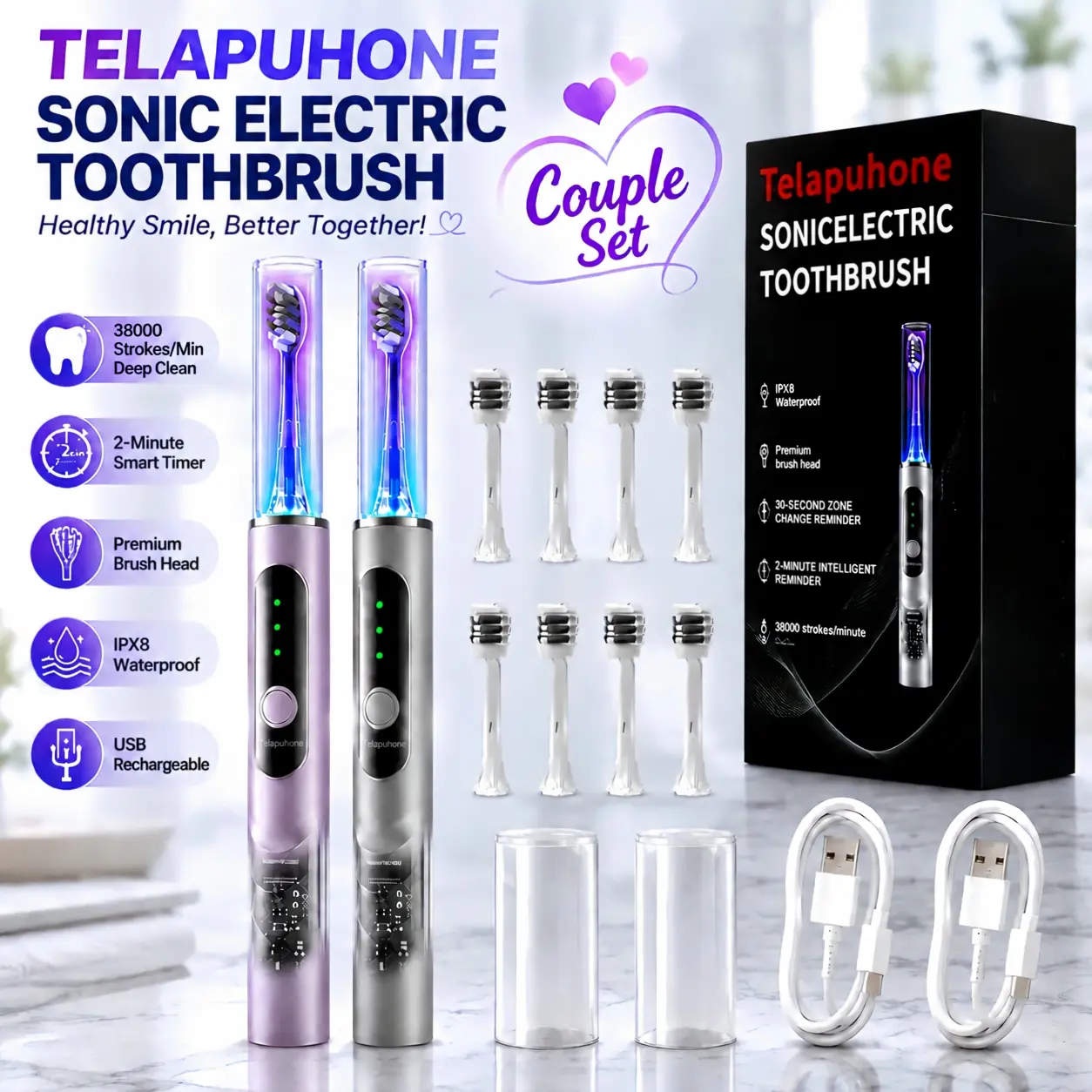 （14pcs）IPX8 Sonic Electric Toothbrush for Adults with Brush Head Care Mode - 6 Modes（2 host +8 replacement brush head +2 USB charging cable+2 Dust cover）Sonic Electric Toothbrush For Adults