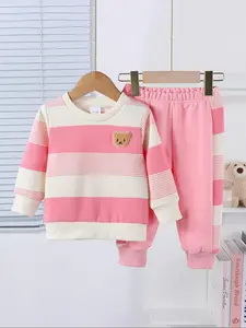 Baby Girl Striped Bear Embroidery Long Sleeve Sweatshirt & Comfortable Pants Set, Casual Fashion 2-Piece Outfit for Fall Winter