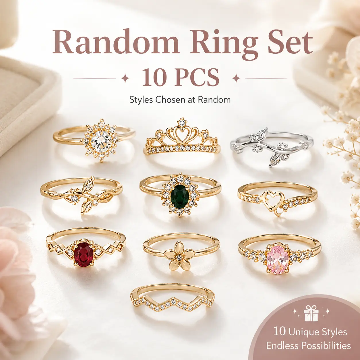 10PCS Random Assorted Fashion Rings Set, Mixed Gold Tone & Silver Tone Rings with Rhinestone and Colorful Simulated Gem Designs, Cute Everyday Jewelry Gift