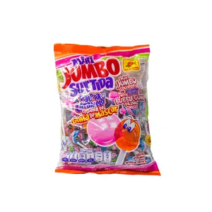 De La Rosa Mini Jumbo Surtida 25/50 Hard Candy Lollipop with Chewy Bubble Gum Center in Cherry Green Apple Tangarine and Grape Flavors