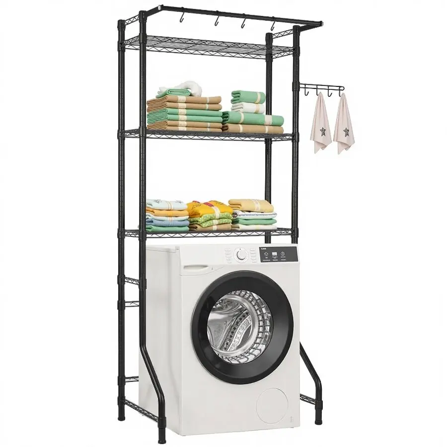 【DealsForYouDays】【DealsForYouDays】 VEVOR 3-Tier Over Washer and Dryer Storage Shelf, Adjustable Height Laundry Storage Organiser with Hanging Hanger Rod and Hooks, Single Row Space Saver for Laundry Room Use, Black, Three Tiersdealsforyoudays