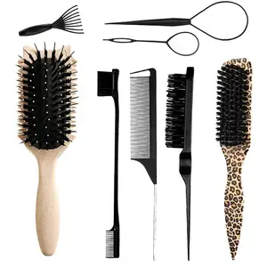 8-Piece hair styling tool set includes a Curl Defining Brush, rat-tail brush, beard styling brush, hairline brush, edge comb, cleaning claw, Teaser brush, and sectioning ring tool—a parting, backcombing, and styling set suitable for curly hair, straig