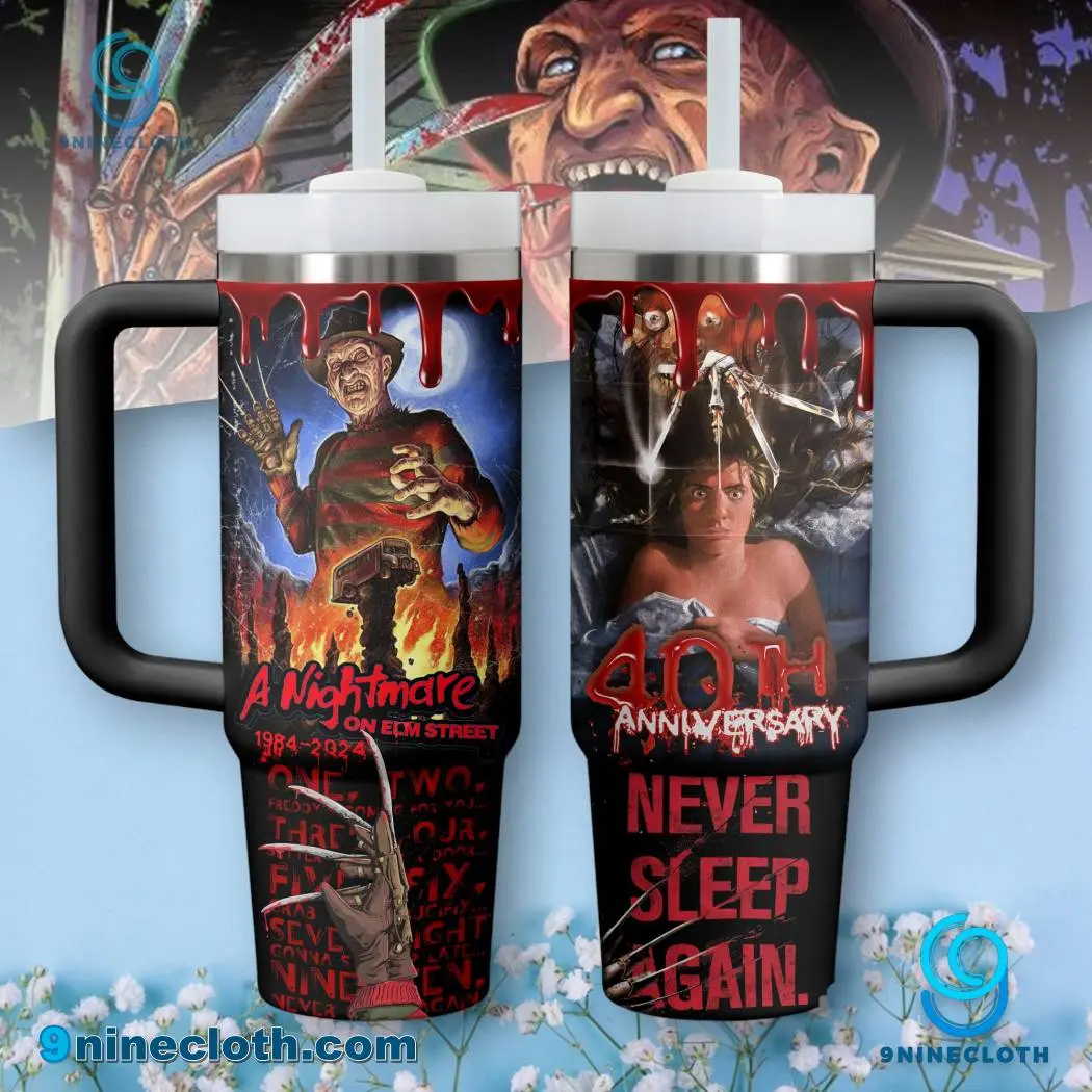 A Nightmare on Elm Street 40th Anniversary 40oz Tumbler with Handle & Straw, Freddy Krueger Never Sleep Again Insulated Stainless Steel Travel Mug, Classic Horror Movie Fan Gift, Slasher Coffee Cup, Halloween Drinkware