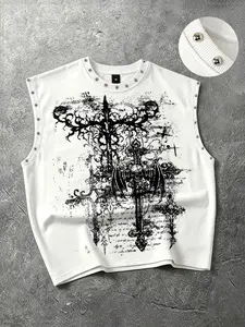 Gothic dark loose vest for couples, skull skeleton vest, metal foil short vest, sleeveless t-shirt vest, aesthetic geometry summer clothes, European and American street fashion brand vest, men's summer vest Y2K dark