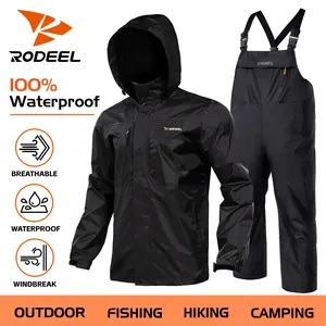 【RODEEL】Waterproof Bib Overalls Rain Suit Men Lightweight Breathable Full Zip Hooded Jacket Durable Rain Coat Weatherproof Rainwear Windbreaker For Outdoor Sports Hiking Camping Fishing Construction Roofing Landscaping Workwear, Holiday Gift