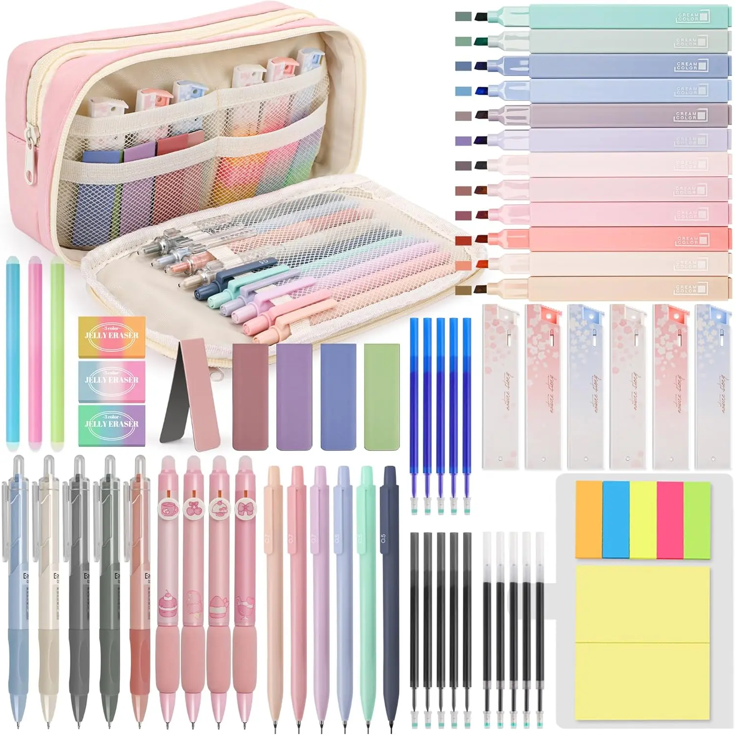 61 count Aesthetic School Supplies with Cute Pencil Case, Pastel Highlighters, Gel & Erasable Pens, Mechanical Pencils, Refills, Complete Essentials Stationery Kit for Students (Pink)