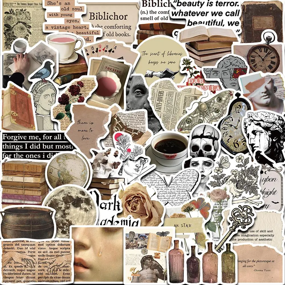Dark Academia Style Sticker, 50pcs/set Vintage Scrapbooking & Journal Making Material Paper, DIY Decorative Sticker for Stationery & Computer & Water Bottle, Floral Pattern Sticker, Scrapbook Stickers, Sticker Sheets, Sticker Packs