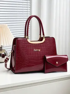 2 Piece Set Women's Satchel Bag, Crocodile Pattern PU Leather Handbag, Large Capacity, Casual Style, All Seasons, Crossbody Shoulder Bag