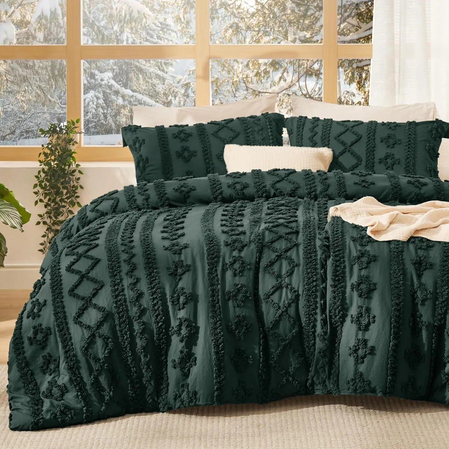 King Size Polyester Soft Bed Comforter Set - Emerald Green Boho Vintage Design Bedding, Tufted Farmhouse Embroidery, Jacquard Fabric, Breathable, Durable, Machine Washable, All Seasons, OEKO-TEX Certified, Nostalgic Charm, Ideal Gift, Bedding Sets, Perfec