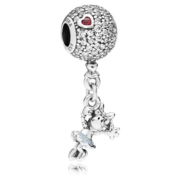 PANDORA Disney Floating Minnie Mouse Sterling Silver Dangle Charm with Hand-Applied Pastel Blue Enamel and Red Stone Heart, Charms & Pendants, Cartoon Charms & Pendants