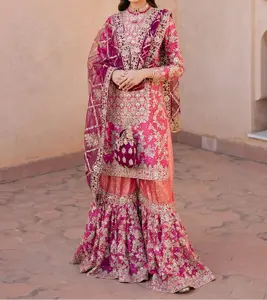 Haseens Formal Dress   Coral Pink Chiffon Flared Gharara Set (4 Piece) Elegance Womenswear Traditional Embroidery Floral