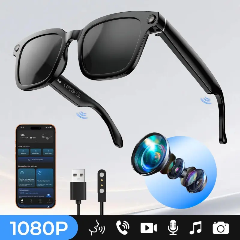Bluetooth Glasses with Camera, 1080p Video Recording Wearable Glasses, Multifunctional Wireless Audio Glasses with Headphone, Outdoor Sports Camera Sunglasses with Intelligent Voice Assistant, Anti-blue Light Protection Eyeglass
