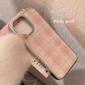 Pink Plaid Phone Case — Compatible with iPhone 16, 15 Pro Max, and 14 Models; Resin-Coated, Sweet Style, Electroplated Finish