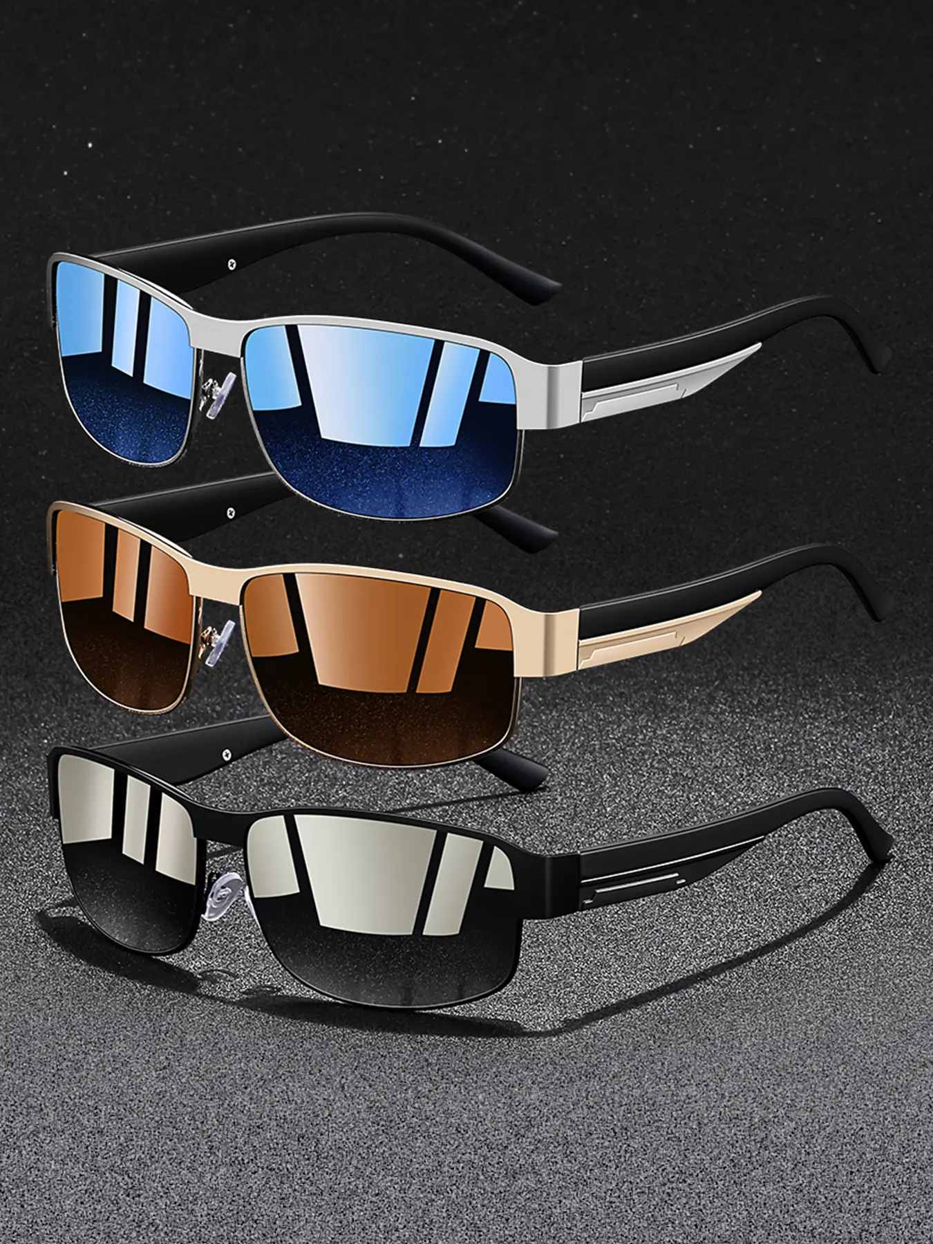 3pcs retro metal frame square men's glasses, Trendy casual sunglasses, provide color options, nose pad adopt rubber material, elastic eyeglass legs, comfortable to wear, lightweight durable, full frame glasses, perfect for beach vacation accessories