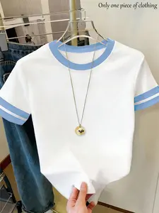 Women's Colorblock T-Shirt Spring Summer New, Vintage Baseball Style Short Sleeve, Sweet Loose Fit Casual Top for Daily Commute Everyday