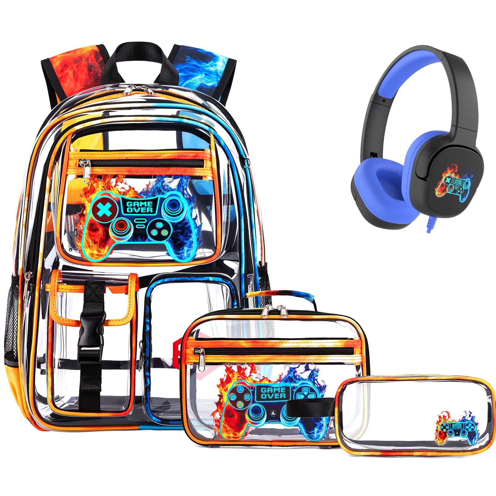 SIMILOVE Clear Backpack with Lunch Bag & Pencil Case/ Headphones, Transparent PVC School Backpack Heavy Duty for School Stadium Event Treval
