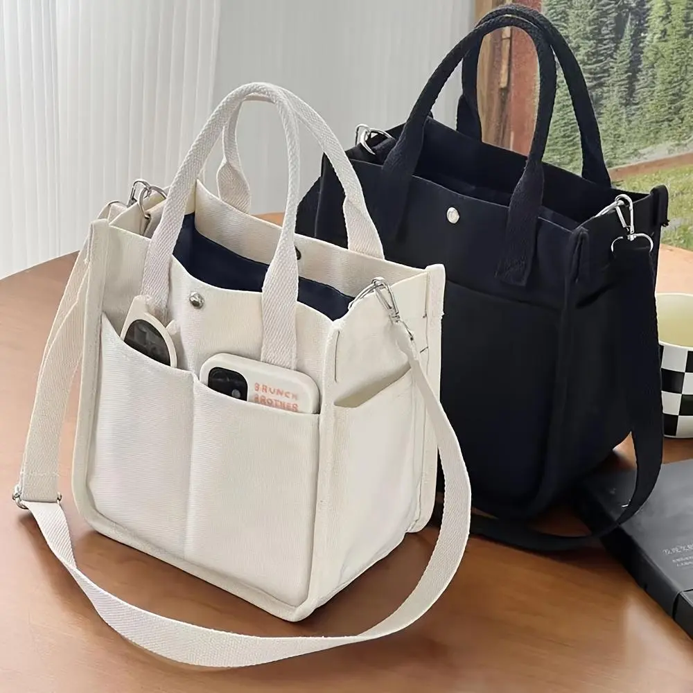 Women's Small Canvas Tote Bag with Pockets, Tote Purse for Shoulder Carry