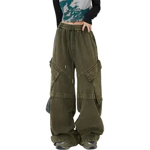 Bakyarder Washed Cargo Pants Distressed Jeans Wide Leg Elastic Waist Unisex Pants with Big Pockets