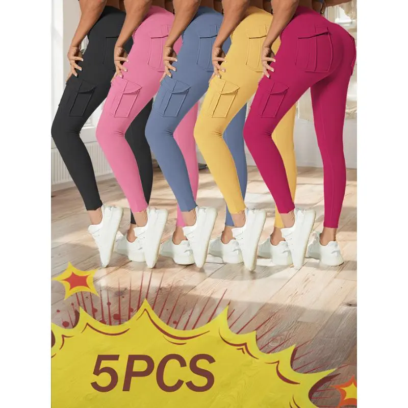 5pcs High Waist Yoga Leggings with 4 Pockets, Multipack Butt Lifting Tummy Control Workout Running 4 Way Stretch Cargo Sports Pants, 5pcs Leggings Set