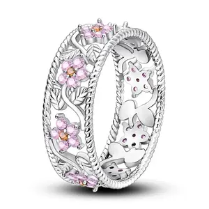 LAZA 925 Silver Plated Blooming Begonia Ring | Pink Zirconia Floral Jewelry | Elegant Gift for Women and Girls