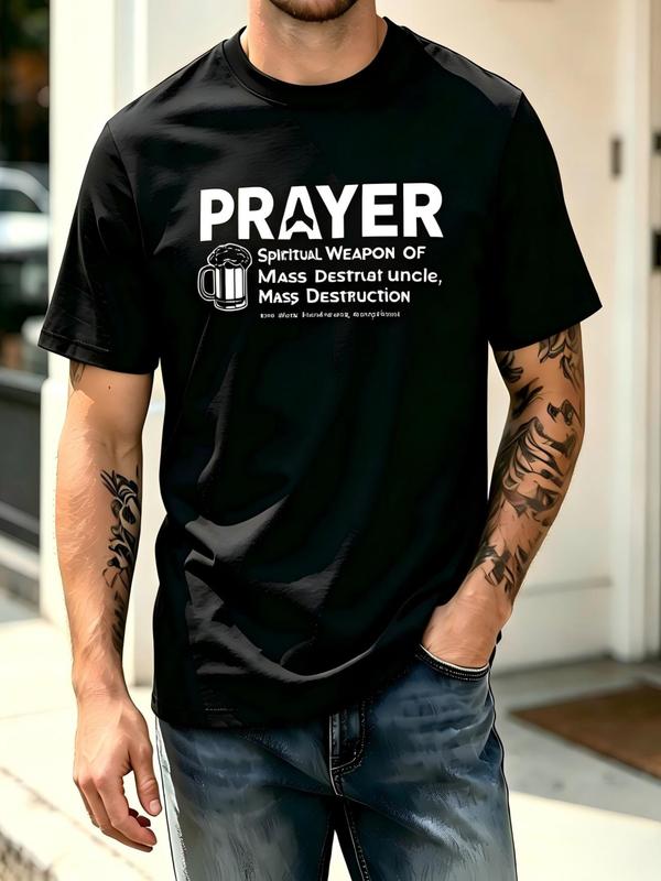 Men's Short-Sleeve Cotton T-Shirt - White Text, Black Graphic with Hidden Cross in Letter Design for Spiritual Prayer Use # y2k casual streetwear