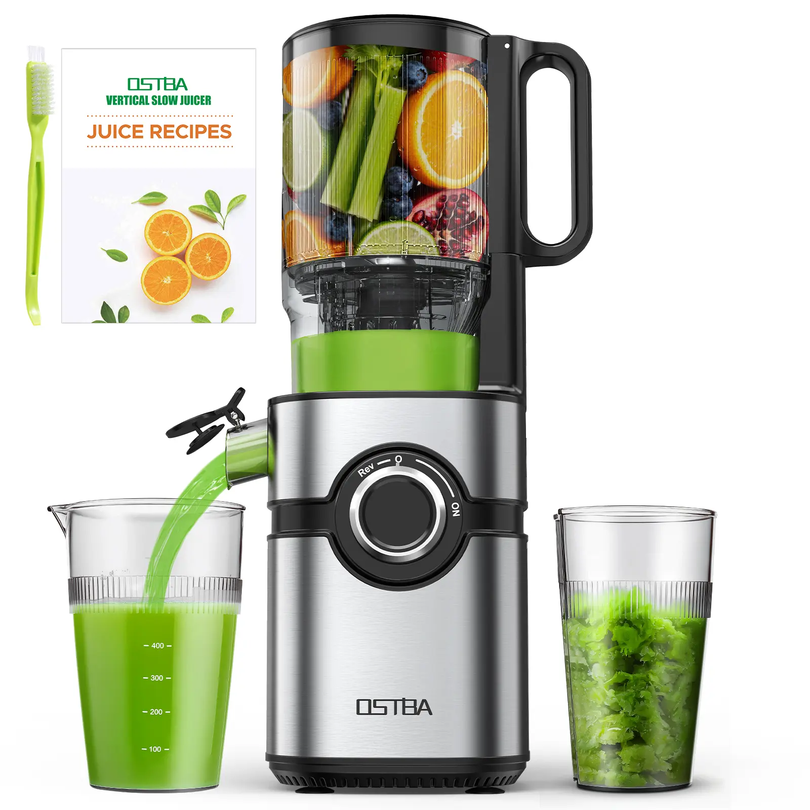 OSTBA Slow Cold Pressed Juicer - 5'' Large Feed Chute, Slow Masticating Juicer for Whole Fruits & Vegetables, High Juice Yield, BPA-Free, Easy to Clean, with Reverse Function