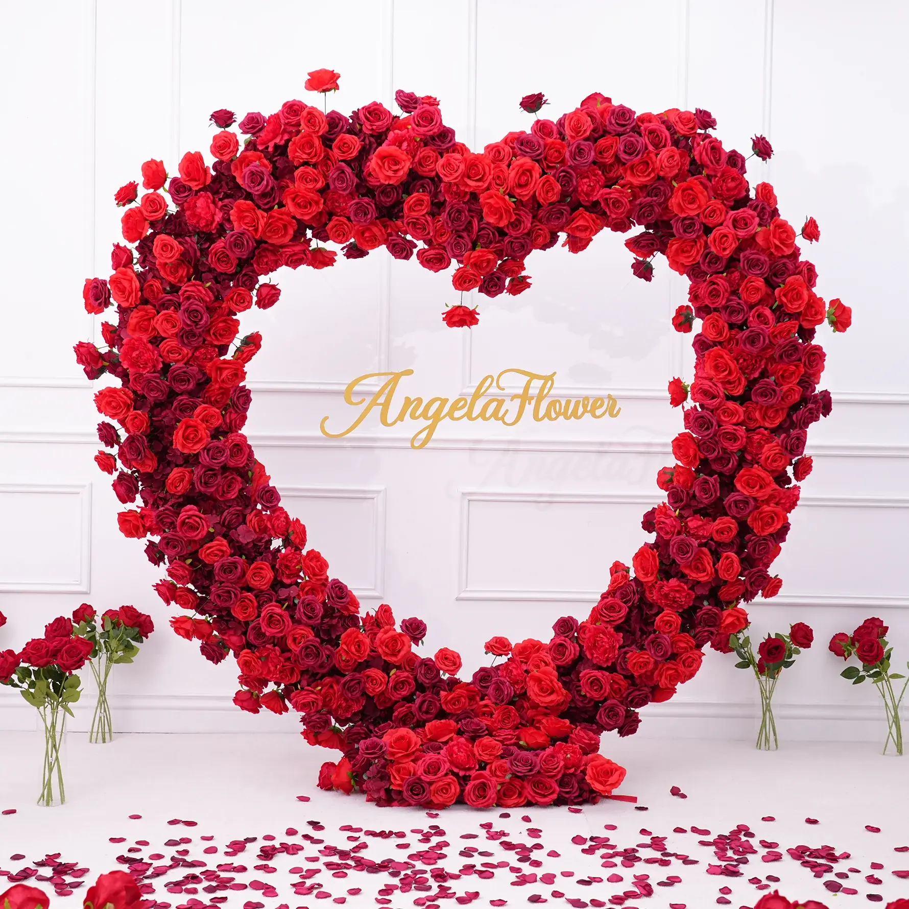 AngelaFlower S-A8869 Silky Art Deco Heart Arch Decoration Prop - Red Rose & Hydrangea Silk Flowers, Silk Cloth Base, Garden Wedding Arch Decor for Couples, Party Decor, Decoration Props