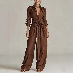 2026 spring and summer solid color high waist long sleeves trousers fashion loose breasted shirt casual suit