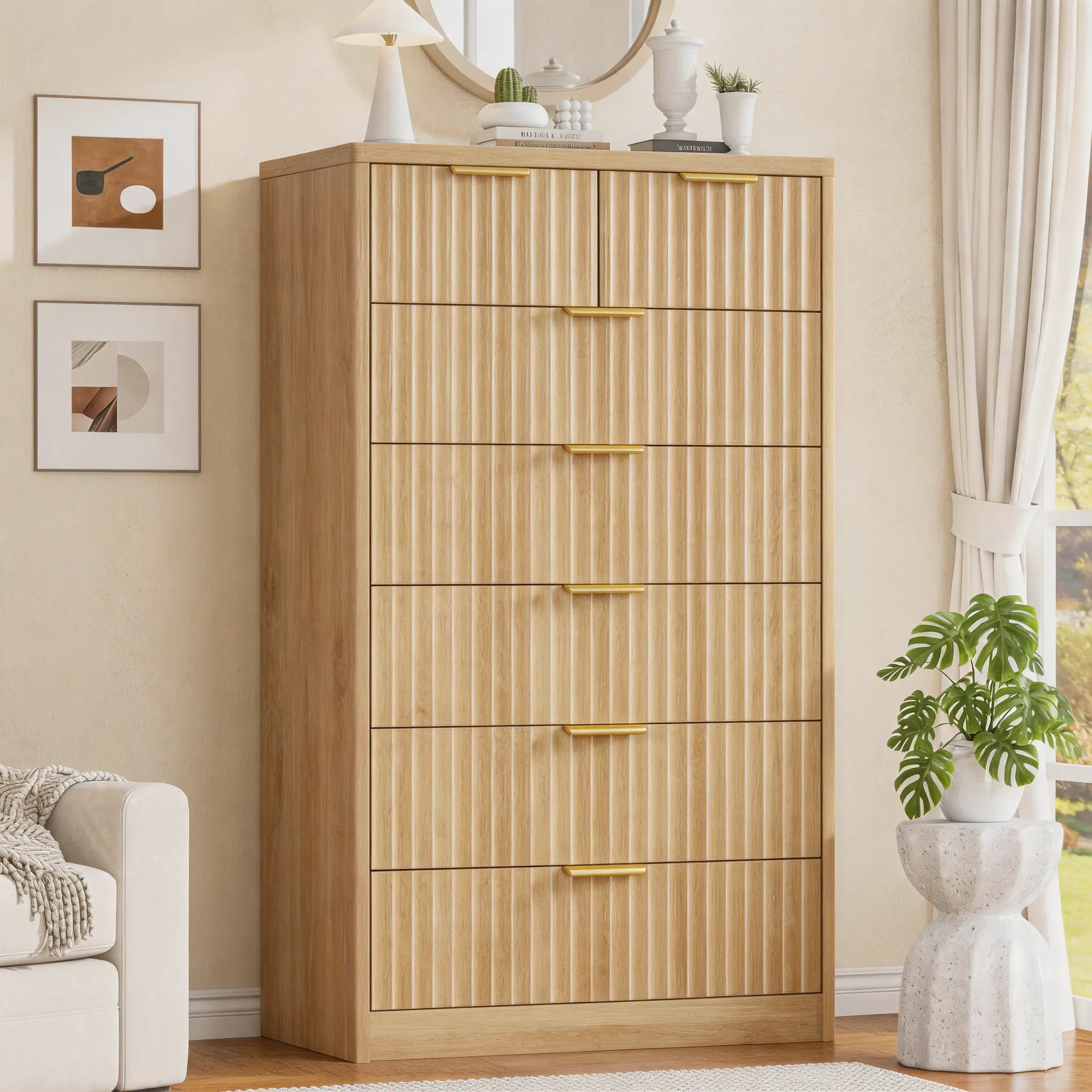 48.4'Tall Dresser for Bedroom with 7 Drawers, Dressers & Chests of Drawers with Metal Handle, Fluted Dresser Cabinet , Wood Closet Clothes Storage Organizer for Bedroom