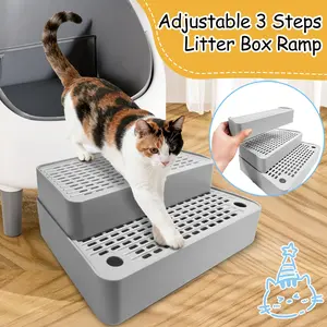 Adjustable 3-Step Cat Litter Box Step, Litter Box Ramp with Filter Function, Non-Slip Surface, Easy to Clean, Light Grey Pet Stairs for Small, Kitten & Elderly Cats