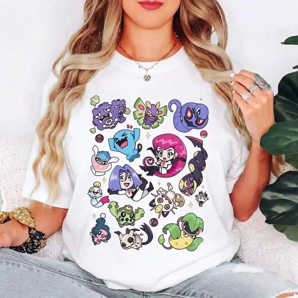 Men's Casual Short-Sleeve Round Neck Soft Pokemon Team Rocket Graphic T-Shirt, Chibi Jessie James & Meowth Anime Tee, Gaming Aesthetic Streetwear Merch, Tops