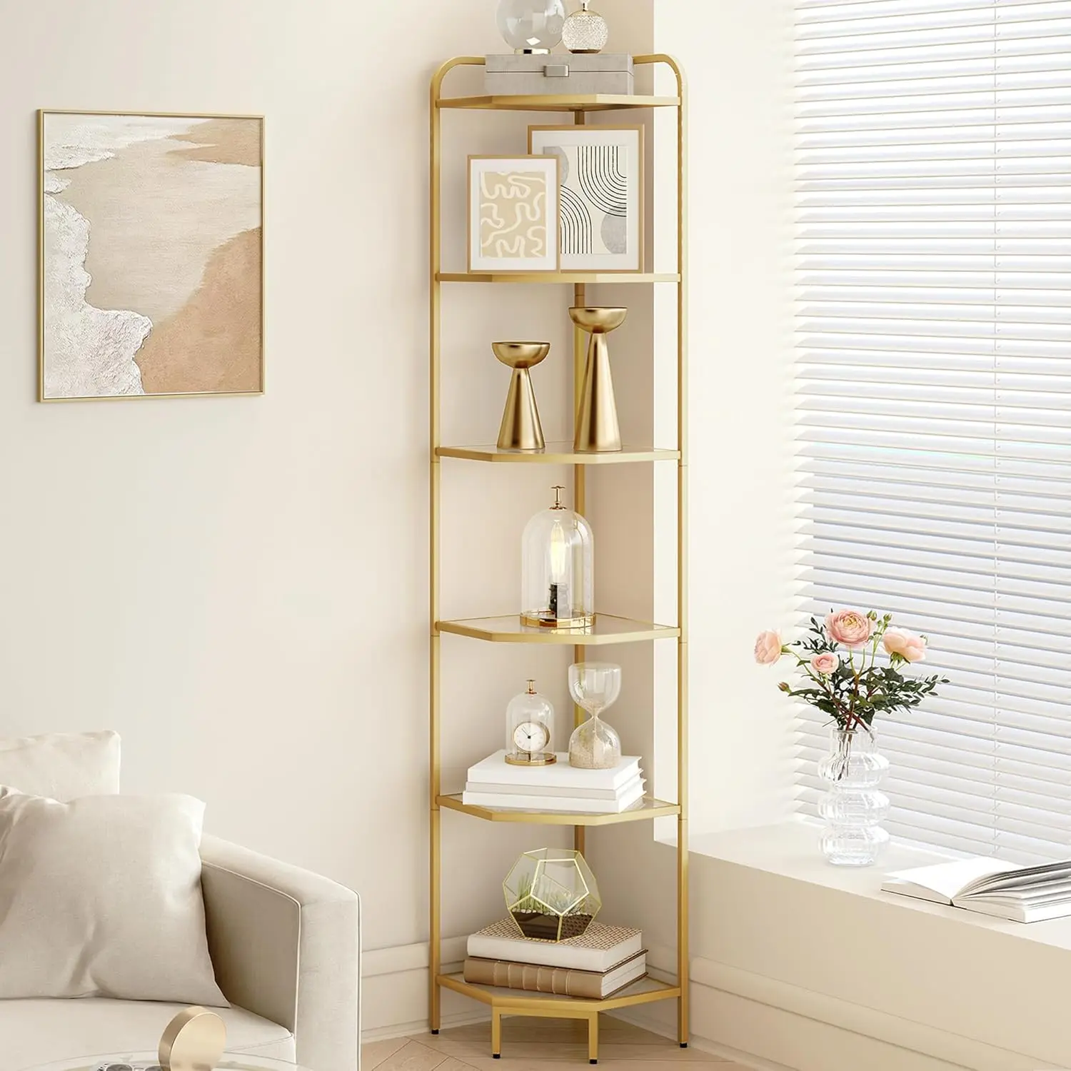 Hzuaneri Corner Shelf Stand,Glass Bookshelf Bookcase, Bathroom Organizer, Plant Stand, Steel Frame, Tempered Glass, Modern Style for Living Room, Bathroom, Kitchen