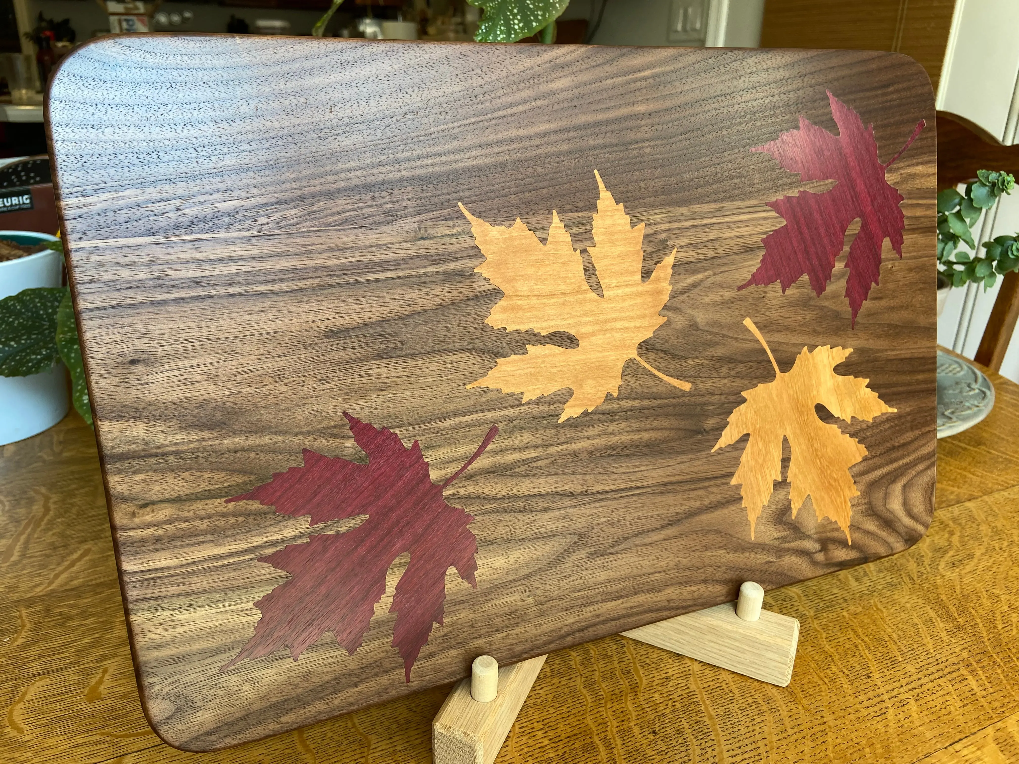 Walnut Charcuterie Board with Fall Leaves Wood Inlay - Handcrafted Woodwork, BPA Free, Autumn Kitchen Serving Board, Maple Leaf Inlay, Purple Heart, Spanish Cedar, Cherry