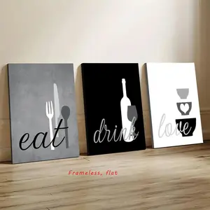 3-Piece Set / Kitchen Wall Art - Gray, Black, White Modern Minimalist Design Canvas Print with “Eat, Drink, Love” Design, Suitable for Home, Bedroom, Living Room Decor, Frameless, Decorative Artwork