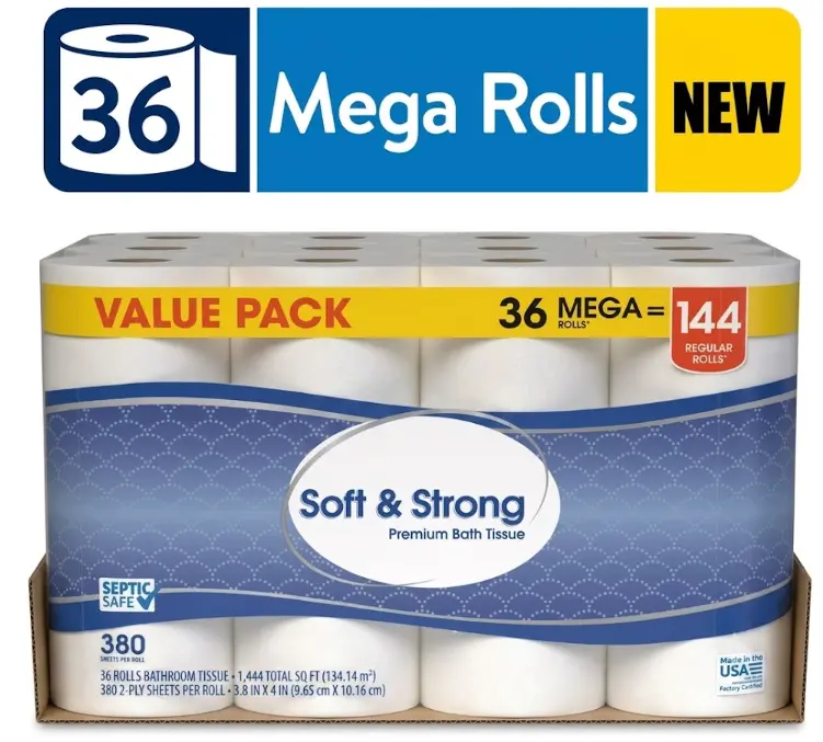 Soft & Strong 36 Mega Rolls Premium Bath Tissue Value Pack 144 Regular Rolls Septic Safe 380 Sheets Per Roll