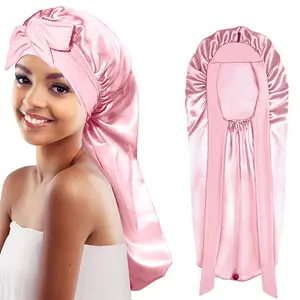 Women's Satin Silk Sleep Cap, Long Adjustable Elastic Braid Strap, Comfortable Large Size Nightcap for Curly Hair, Sleeping Bonnet