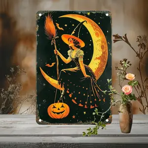 Vintage Halloween Aluminum Sign with Witch & Moon Design, Retro Style Wall Art Decor, Durable Aluminum Material, Perfect for Home Decoration, Home Decor Products