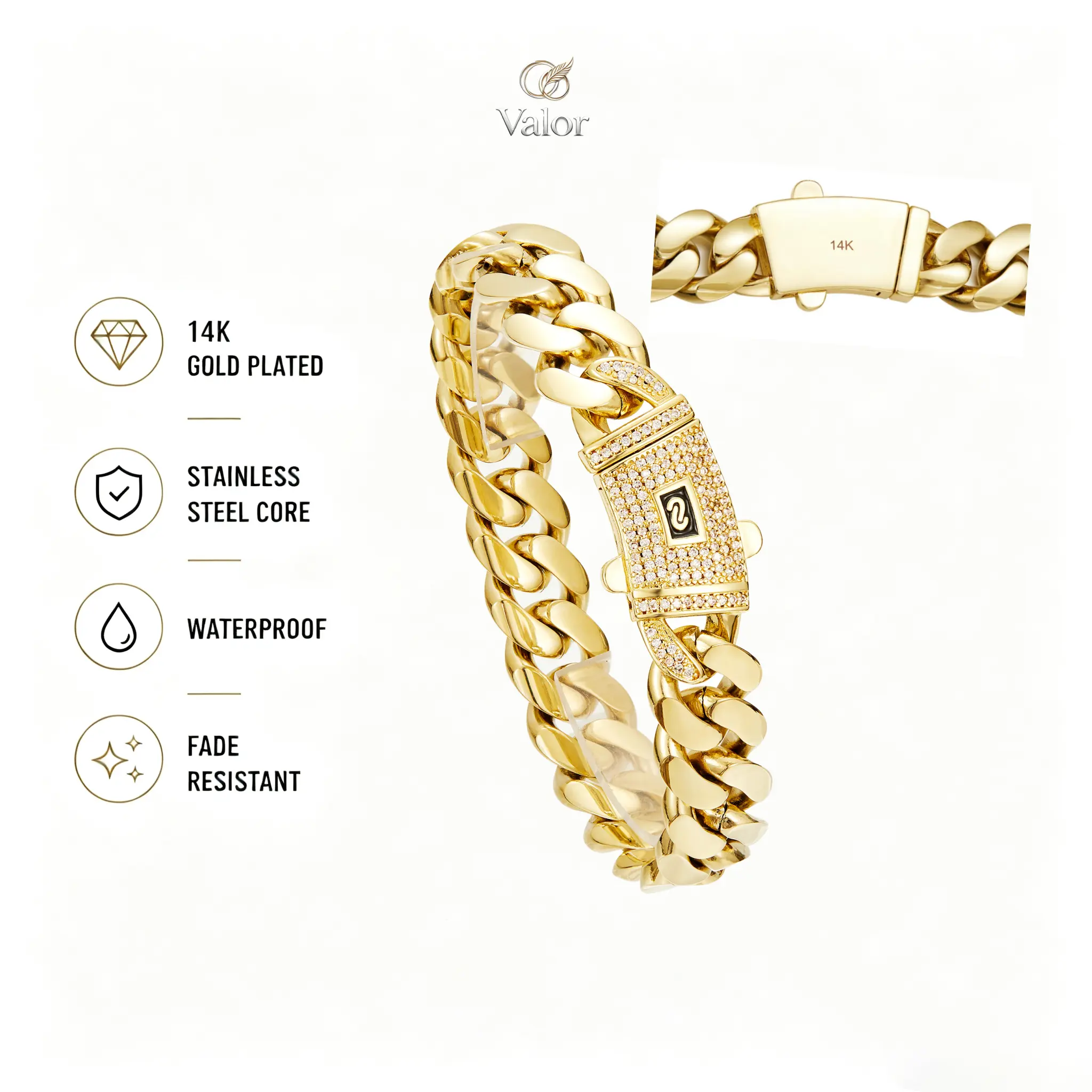 14K Real Gold Plated Miami Cuban Link with Diamond Clasp Bracelet Thickened Link Chain The Non-Allergenic Hypoallergenic  New Gold-Plated Craftsmanship Waterproof Fade-Resistant Material for Men Women Valtentine's Day Gift