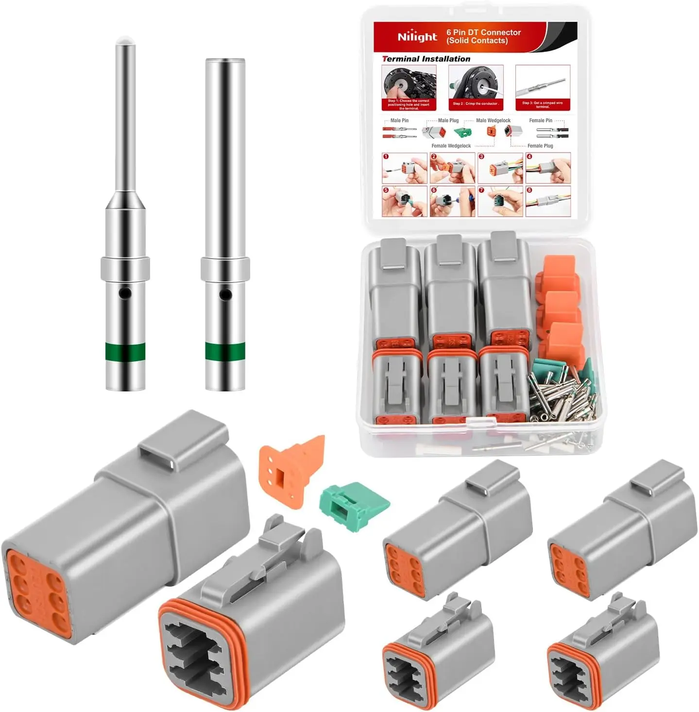 Nilight 3-Set 6-PIN DT Connectors Kit, 18-Pair Solid Copper Contacts, IP67 Rated PA66 Nylon Reinforced Flame Retardant Waterproof Male-Female Terminals Receptacle, 14-20 AWG, 13 A, 14°F to 176°F for Automotive Truck Boat Electrical Equipment, Racing, 5 Pc