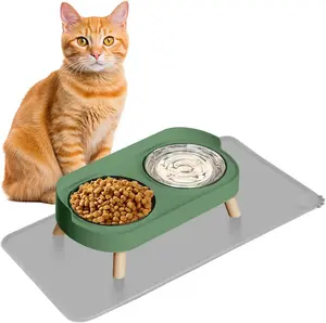 NEW  Cat Bowl with Food Mat, Raised Cat Food and Water Bowl Set for Indoor Cats, Splash Proof with 2 Stainless Steel Pet Food Bowls for Cats and Puppies,Whisker Fatigue and Dishwasher Safe (Green)