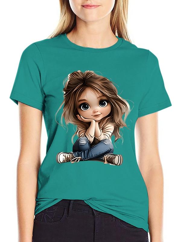 Women's Cotton Breathable Graphic T-Shirt - 3D Cartoon Print, Short Sleeve, Fitted, Minimalist Casual Halloween Apparel, Beach-Friendly Top