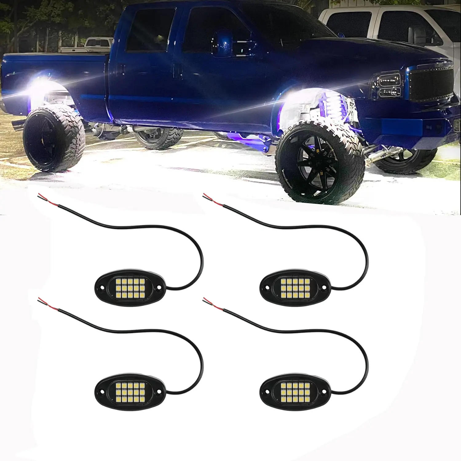 Hardwired White Rock Lights 6000K Pure White LED Underglow Lights IP68 Waterproof for Trucks SUV UTV ATV RZR Car Boats Motorcycle with 19.7ft Extension Wire