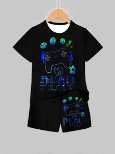 Fluorescent Game Controller Set, Bottom E-Sports Style Short Sleeve for Boys, Casual Summer Tech Fashion, Clothing Set