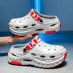 2026 White Red Contrast Thick Sole Clogs, Adjustable Heel Strap, Breathable Hollow Design, Non-Slip Wear Resistant Cushion Outsole, Indoor Outdoor Unisex Casual Beach Daily Summer Footwear