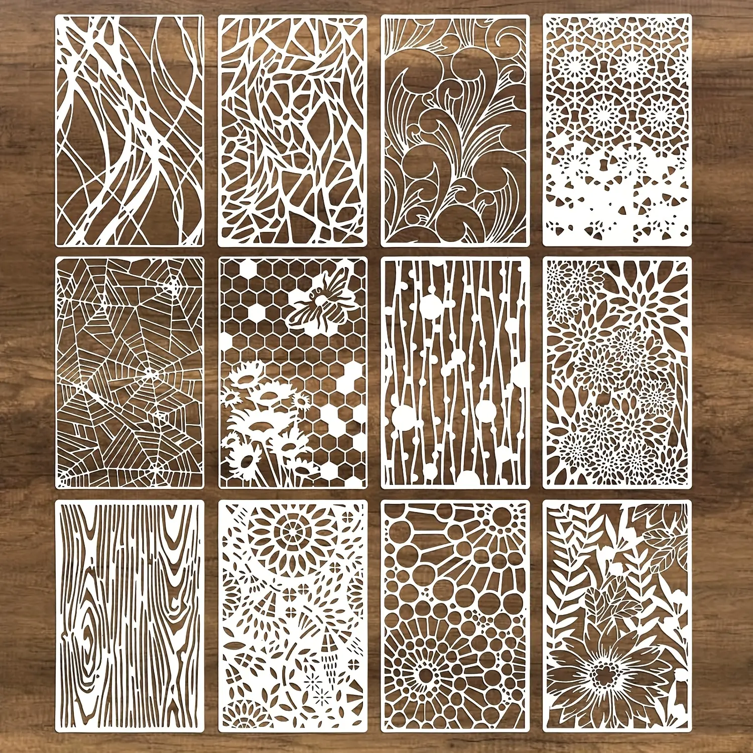 1 Set of 12 Reusable Mixed Media Templates for Painting, Includes Wood Grain Floral Texture and Spider Web Stencil Spray Paint Template, Art Drawing Supplies, Art Craft Supplies, Art Materials