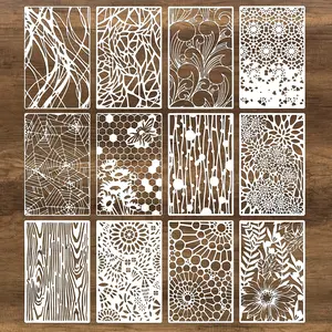 1 Set of 12 Reusable Mixed Media Templates for Painting, Includes Wood Grain Floral Texture and Spider Web Stencil Spray Paint Template, Art Drawing Supplies