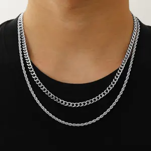 Stainless Steel Double Chain Necklace for Men, Silver Plated 2-Piece Cuban/Rope Chain Set Jewelry Gift for Boys, 18-24"/20-26"