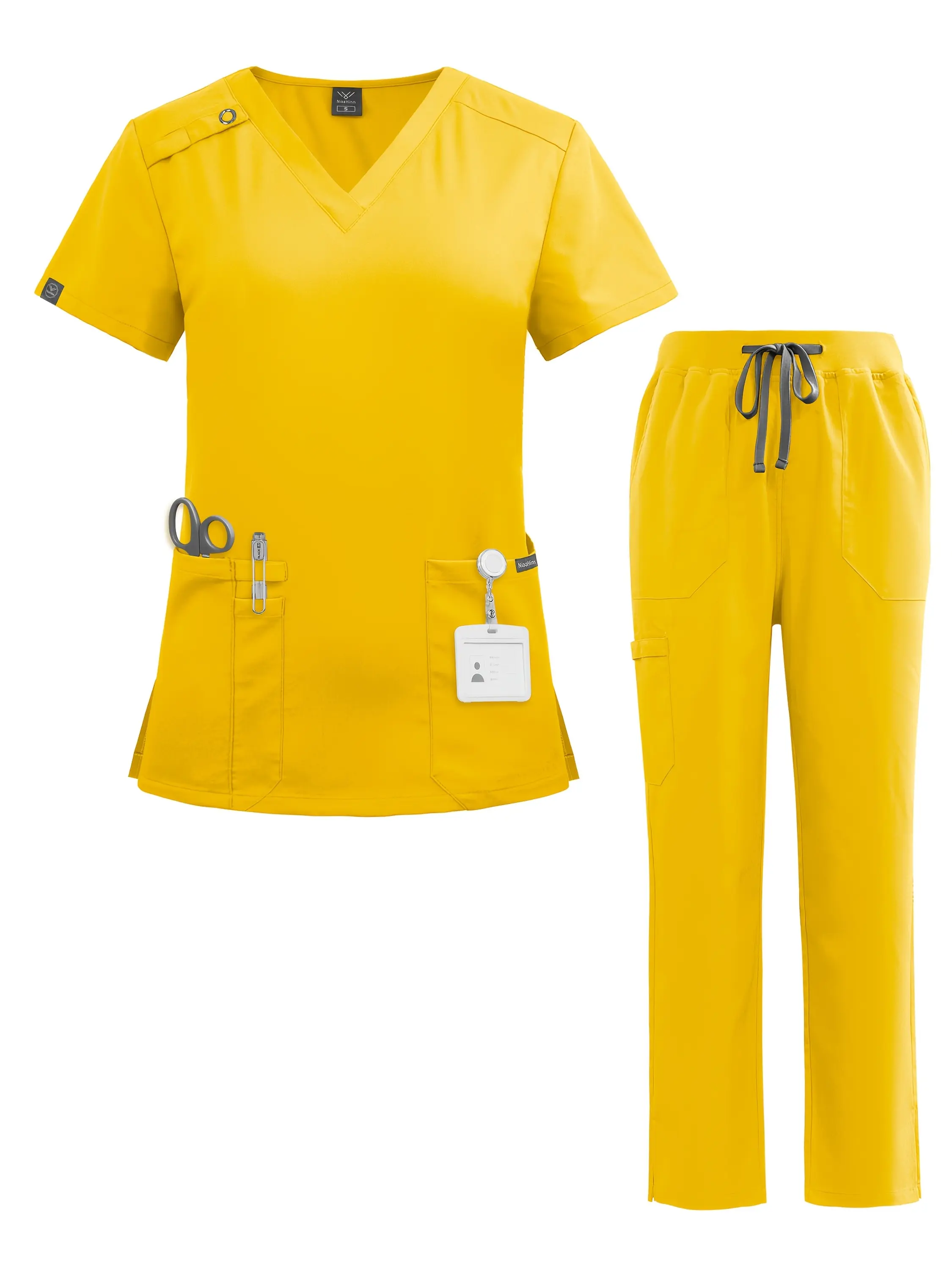 Women's 2-Piece Nursing Scrub Workwear Set - Short Sleeve V-Neck Pockets Top, Beige Pants for Healthcare Workers